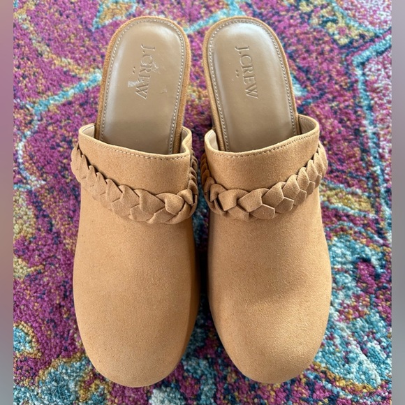 NWOT J. Crew | Women’s caramel faux suede wooden chunky heel braided bridge clog - Picture 4 of 10